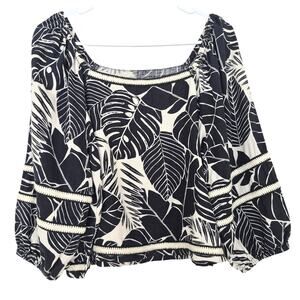 Cynthia Rowley Linen Top Size M Black Beige Tropical Print Square Neck Oversize